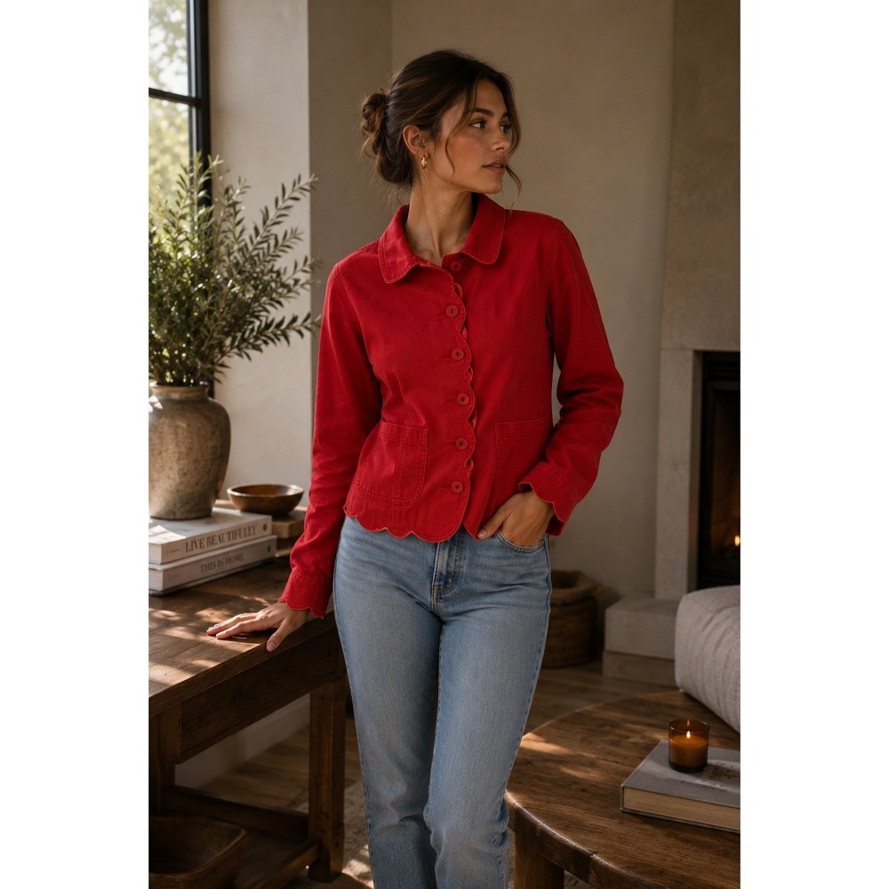 Isabella Bird Jacket Womens‎ MP Red Scalloped Hem Cotton Twill Chore Shacket
